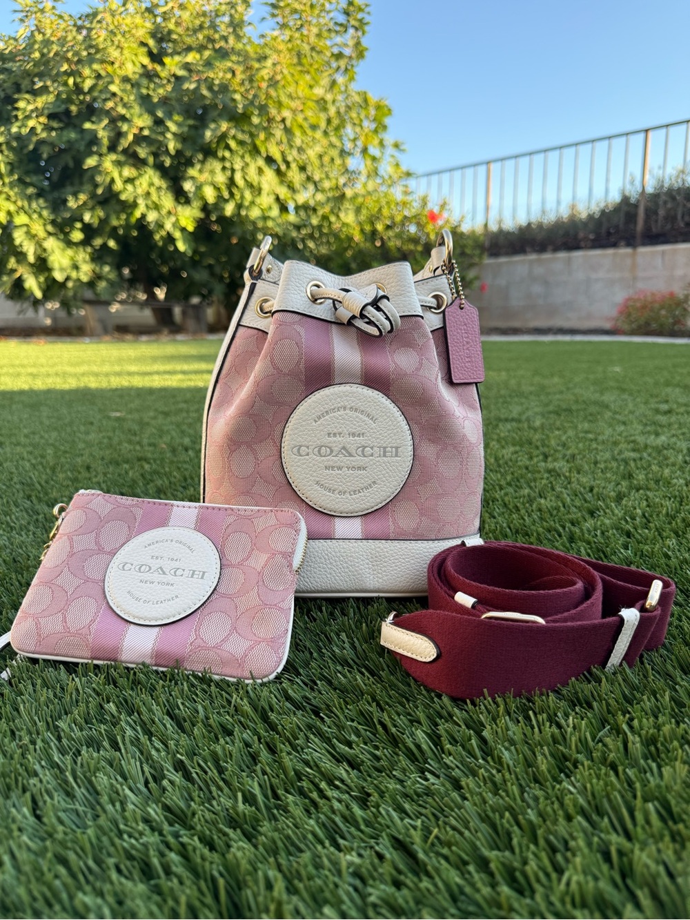 Coach Dempsey Signature Jacquard Pink Bucket Bag 19 with Zip Pouch